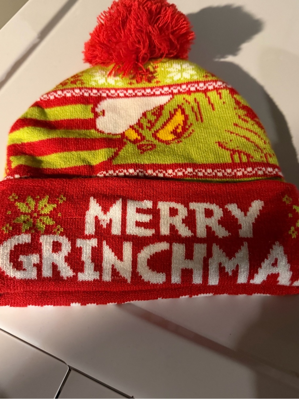 Merry Grinchmas Kids Pom Pom Beanie - Red & Lime NWOT